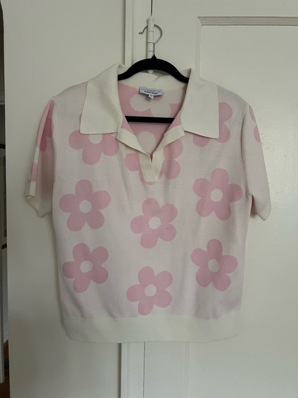 & Other Stories Cream and Pink Floral Short Sleeve Polo Top